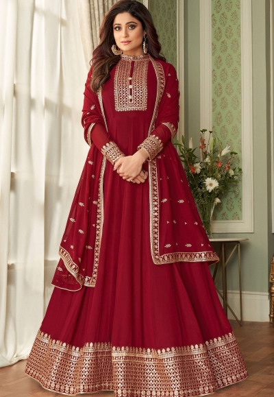 shamita shetty maroon georgette floor length anarkali suit 8629