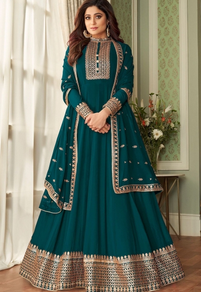 shamita shetty turquoise georgette floor length anarkali suit 8626