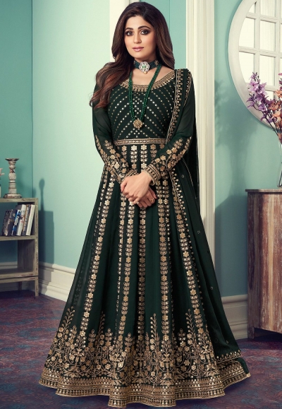 shamitta shetty dark green georgette embroidered anarkali suit 8546