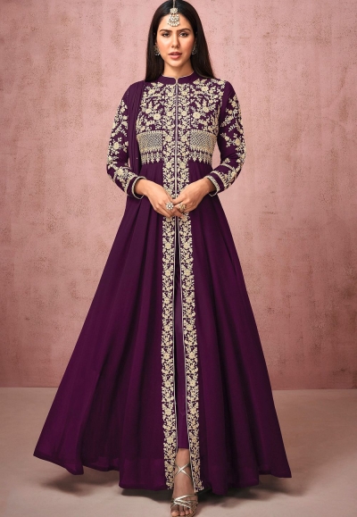 wine georgette embroidered front slit anarkali suit 8524e