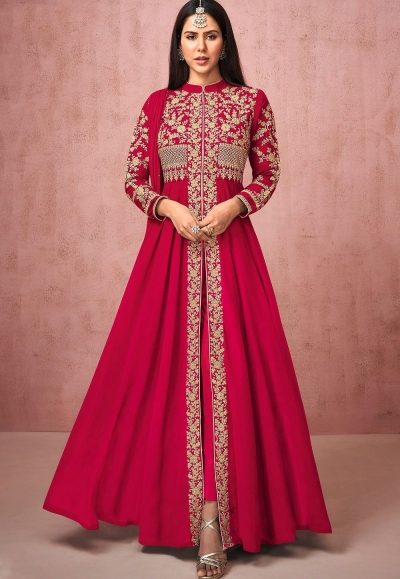 dark pink georgette embroidered front slit anarkali suit 8524c