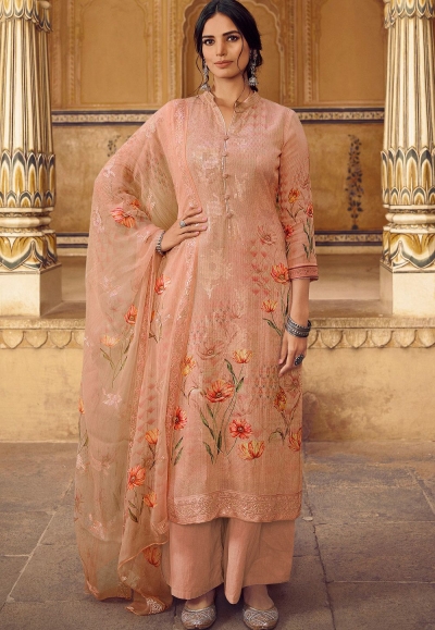 peach georgette straight printed palazzo pakistani suit 22206