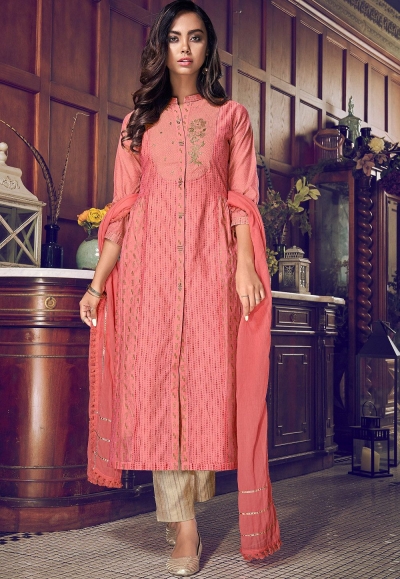 pink art silk straight trouser suit with cotton dupatta 5006