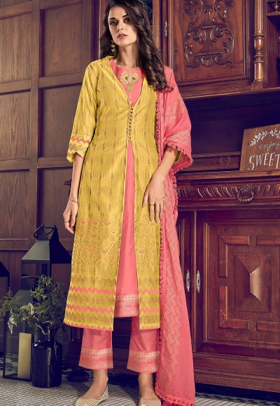yellow pink art silk straight trouser suit 5012