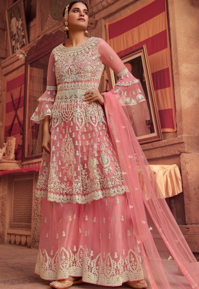 pink net embroidered palazzo pakistani suit 100