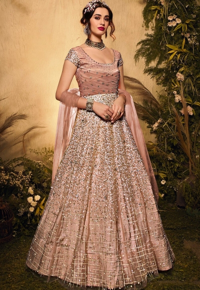 peach net sequins embroidered floor length anarkali suit 10092