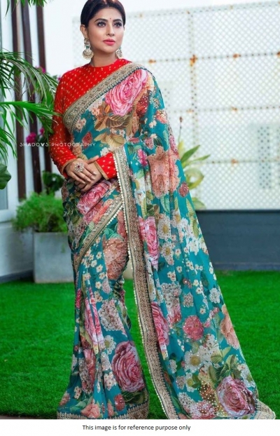 Bollywood Sabyasachi Inspired Firozi floral saree