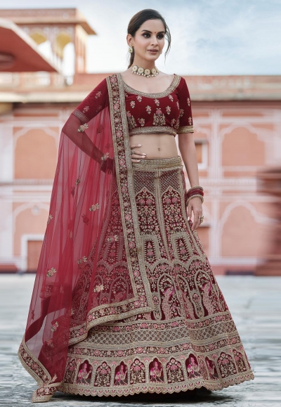Maroon velvet embroidered bridal lehenga choli 8105
