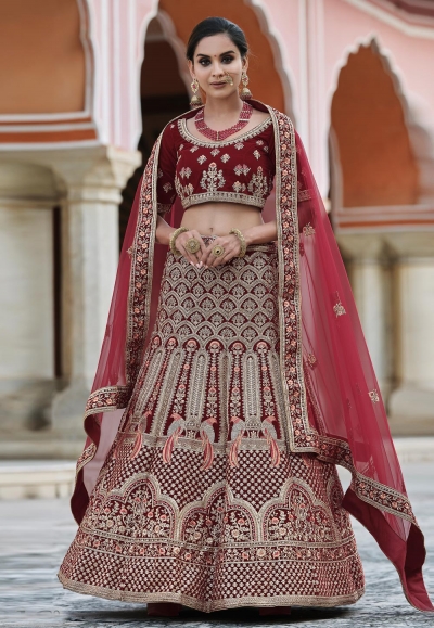 Maroon velvet embroidered bridal lehenga choli 8109