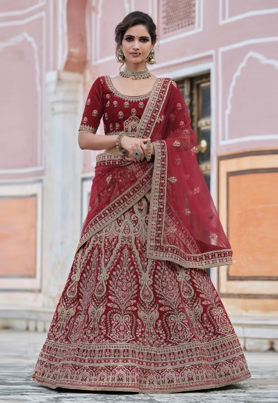 Maroon velvet embroidered bridal lehenga choli 8115