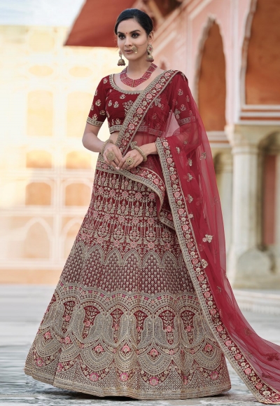 Maroon velvet embroidered bridal lehenga choli 8117