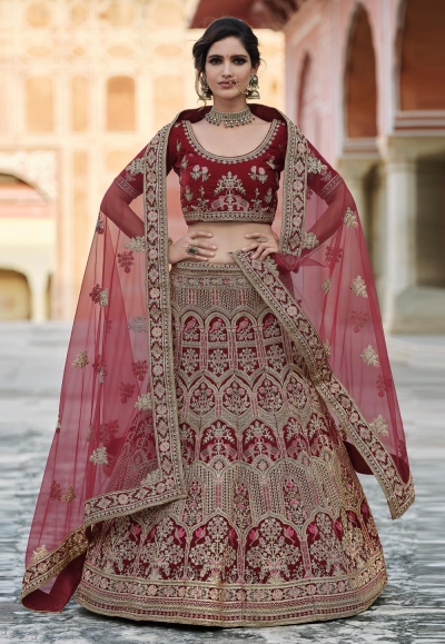 Maroon velvet embroidered bridal lehenga choli 8119