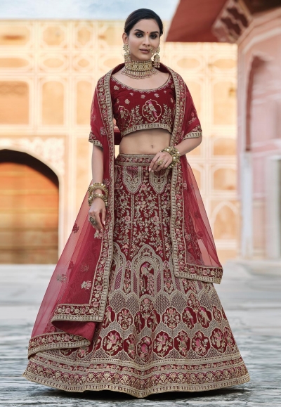 Maroon velvet embroidered bridal lehenga choli 8121
