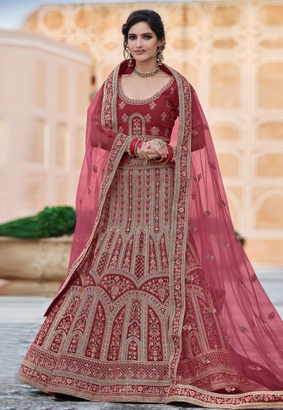 Maroon velvet embroidered bridal lehenga choli 8127