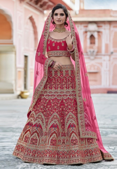 Pink velvet embroidered bridal lehenga choli 8108