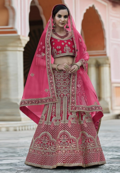 Pink velvet embroidered bridal lehenga choli 8110