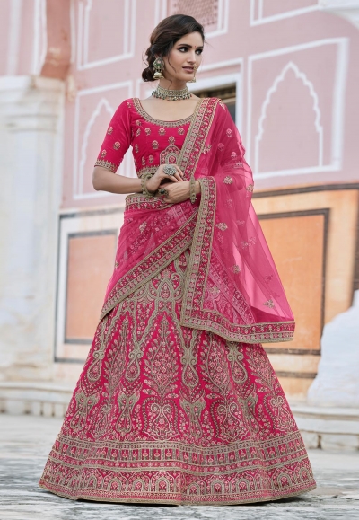 Pink velvet embroidered bridal lehenga choli 8116