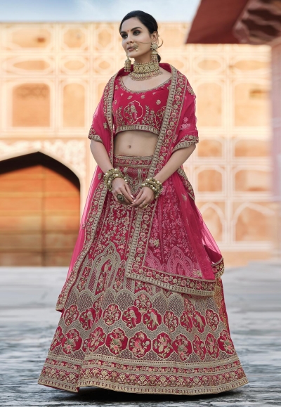 Pink velvet embroidered bridal lehenga choli 8122