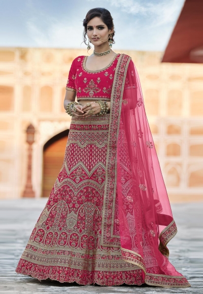 Pink velvet embroidered bridal lehenga choli 8124