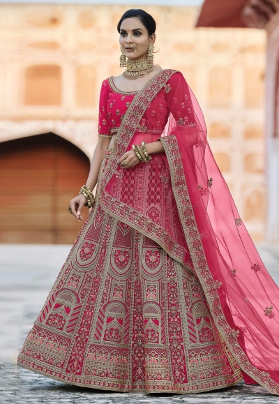 Pink velvet embroidered bridal lehenga choli 8126