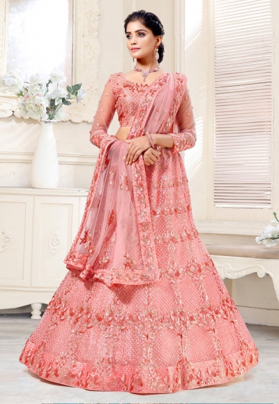 Pink net wedding lehenga choli 136735