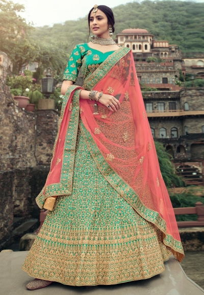 Green satin a line lehenga choli 4503