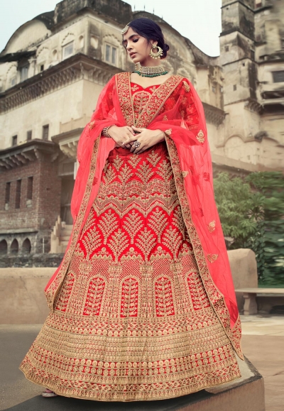 Red satin a line lehenga choli 4506