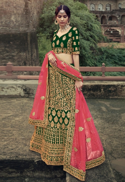 Green satin a line lehenga choli 4510