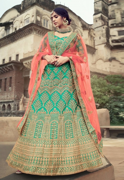 Green satin a line lehenga choli 4501