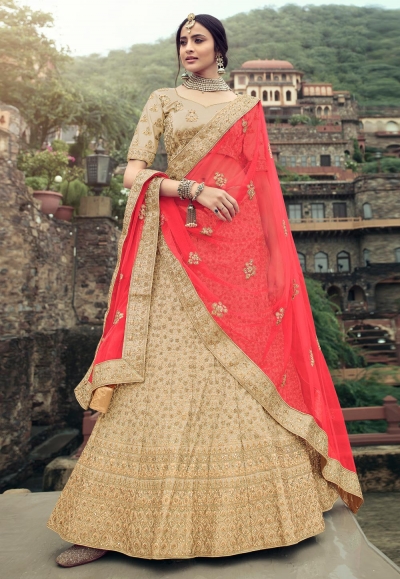 Beige satin a line lehenga choli 4515