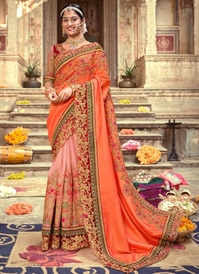 Peach and orange silk festival wear saree 7006
