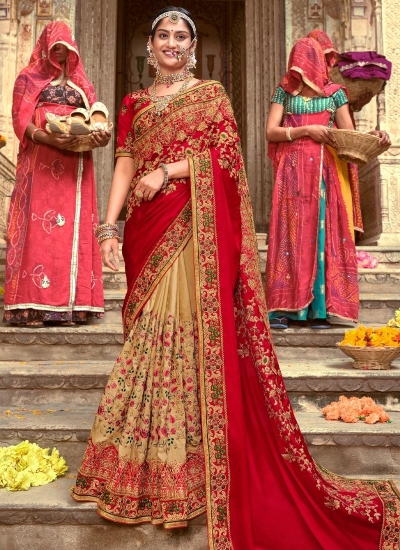 Red and beige silk festival wear saree 7008