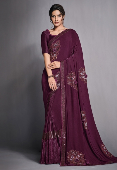 Wine lycra party wear saree with blouse 41806