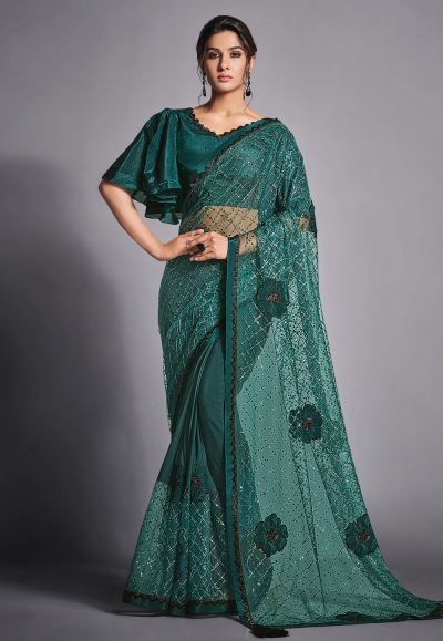 Green lycra net festival wear saree 41809