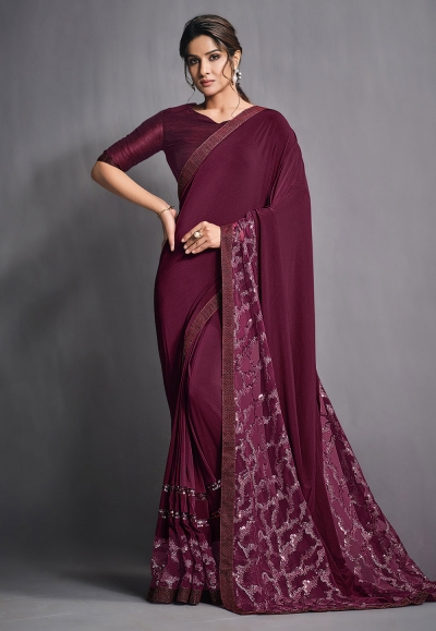 Wine lycra party wear saree with blouse 41812