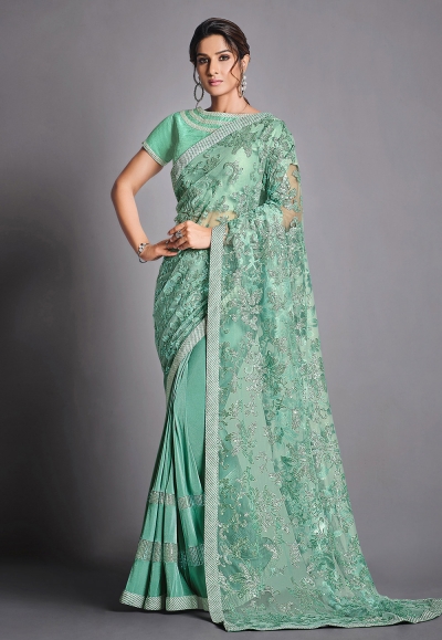 Light green lycra net party wear saree with blouse 41816