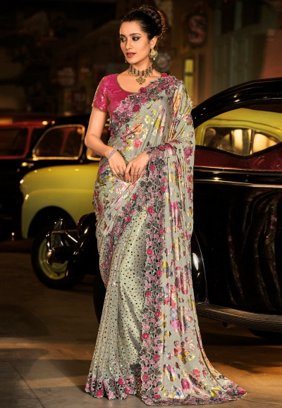 Grey silk saree with blouse 6001