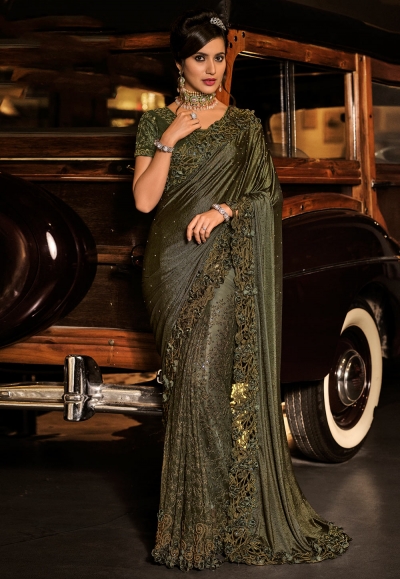 Mehndi silk saree with blouse 6007
