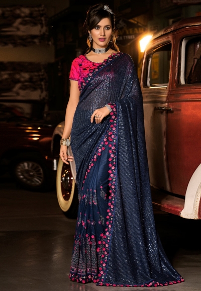 Navy blue silk saree with blouse 6009