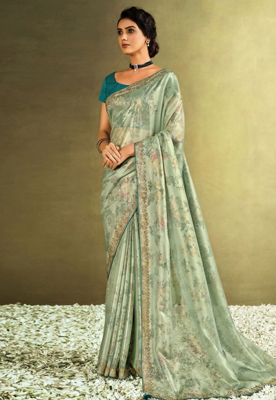 Sea green tissue festival wear saree 21906