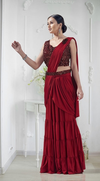 Red lycra readymade one minute skirt saree 1015793a