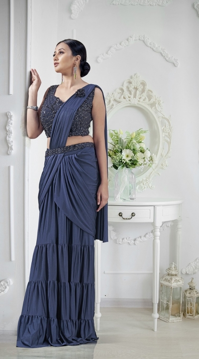 Blue lycra readymade one minute skirt saree 1015793b