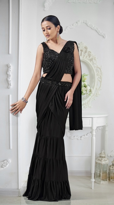 Black lycra readymade one minute skirt saree 1015793c
