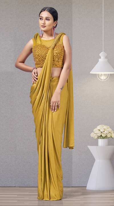 Yellow lycra readymade one minute skirt saree 1015794e