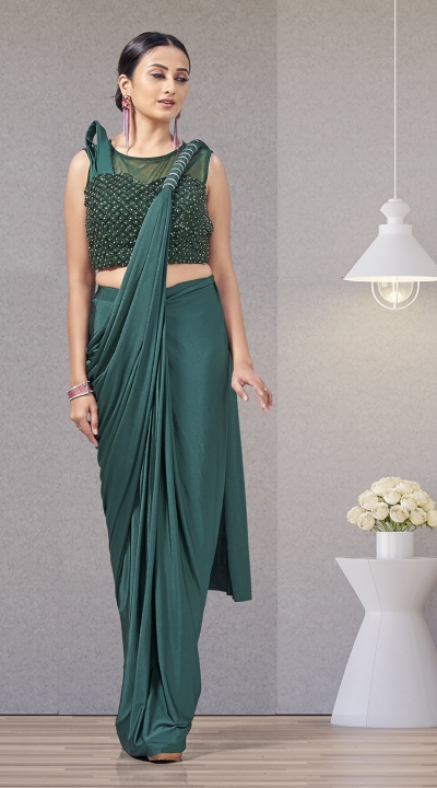 Bottlegreen lycra readymade one minute skirt saree 1015794d