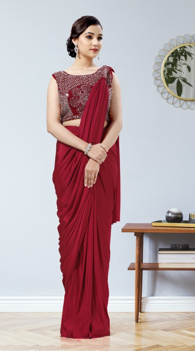 Red lycra readymade patch work saree 1015760a