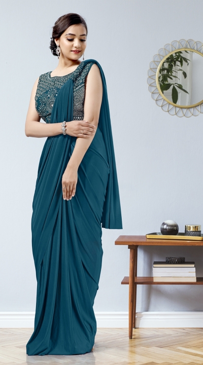 Tealblue lycra readymade patch work saree 1015760b