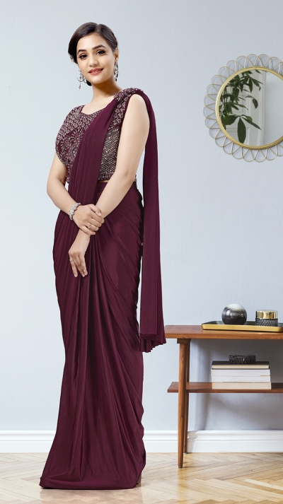 Wine lycra readymade patch work saree 1015760c