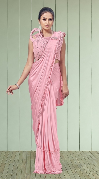 Pink lycra readymade saree 1015792b