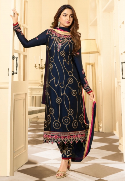 Navy blue satin georgette kameez with pant 11036